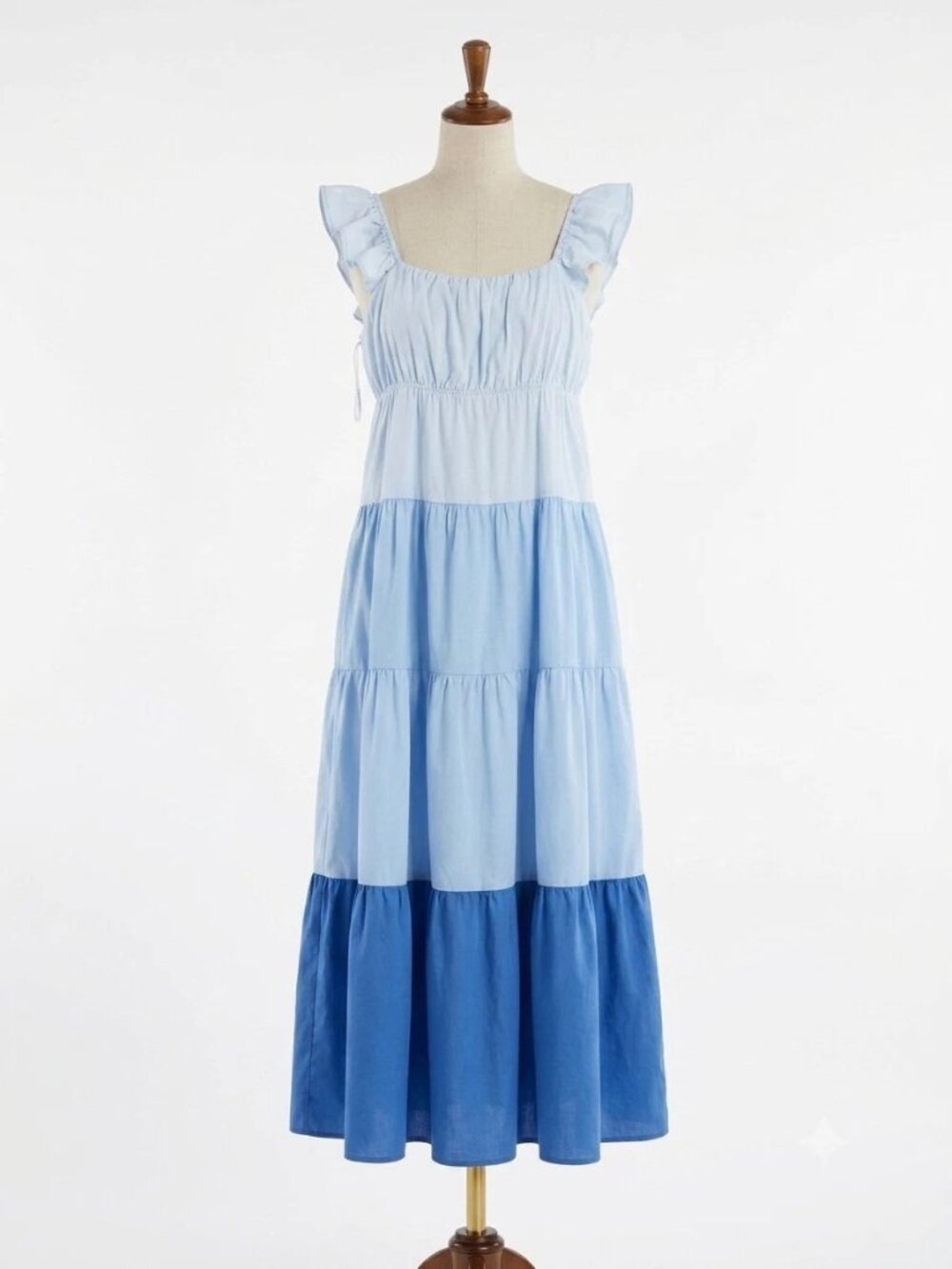 English Factory Blue Ombre Colorblock Tiered Maxi Dress Ruffle Smocked Size L